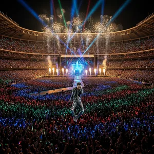 A vibrant nighttime shot of the massive crowd at a Coldplay concert in Toronto's Rogers Centre, with the audience's LED wristbands lighting up the stadium.