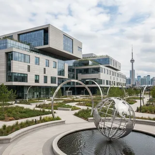 Modern building exterior of Toronto Metropolitan University with landscaped grounds, architectural photography style.