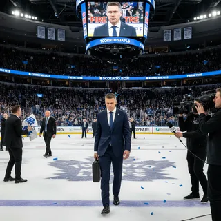 A Maple Leafs executive stands grimly on a hockey rink, holding a crumpled piece of paper.