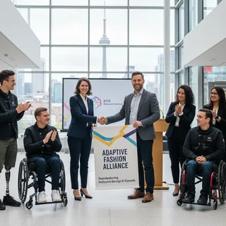 A diverse group of people modelling adaptive clothing, showcasing inclusive design innovation.