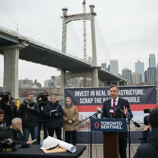 Pierre Poilievre speaking at a news conference, advocating against a major rail project.