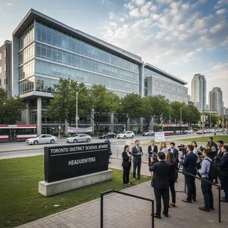 Modern building exterior with landscaped grounds, representing a governmental or educational institution.