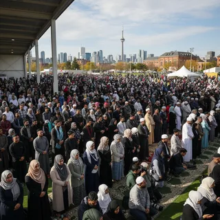 A diverse crowd of thousands celebrates Eid al-Fitr at the MAC Eid Festival in Toronto's Exhibition Place.