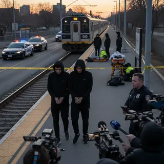 Police tape surrounds train car where assault occurred, with officers visible investigating at Rouge Hill station.