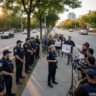 Police officers standing guard on a Toronto street with protesters nearby and concerned residents observing.