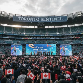 A busy outdoor festival with a large screen showing soccer, crowds celebrating under tents.