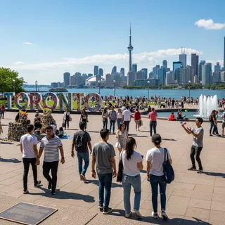Tourists and locals enjoying a sunny day exploring the vibrant St. Lawrence Market neighborhood in Toronto.