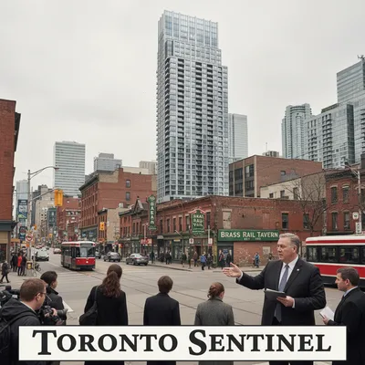 A wide shot of a proposed condo tower towering over the historic Brass Rail Tavern site on Yonge Street.