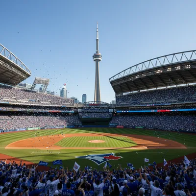 The Toronto Blue Jays playing a home game at a packed Rogers Centre in downtown Toronto, with the iconic CN Tower visible behind the stadium.