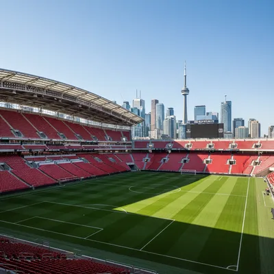The exterior of BMO Field in Toronto during the day, showing the main entrance, the defined stadium structure, and the green pitch visible from the stands.