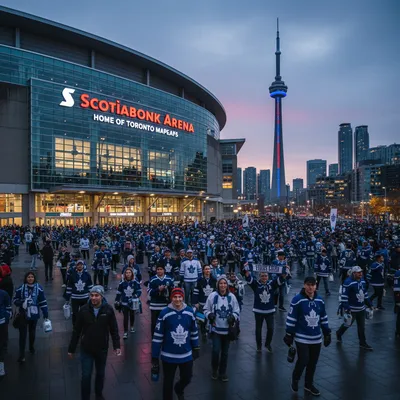 The exterior of Scotiabank Arena in Toronto, home of the Maple Leafs, illuminated at night with fans walking towards the entrance before a game.