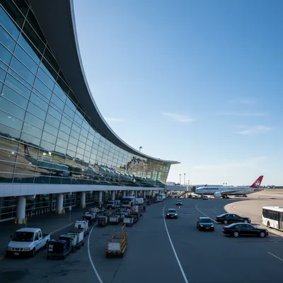 The curved glass facade of Terminal 1 at Toronto Pearson International Airport on a bright, sunny day, with a glimpse of the air traffic control tower.