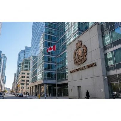 The modern, multi-story headquarters of the Toronto Police Service located at 40 College Street in downtown Toronto, viewed from the street level on a clear day.