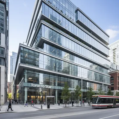 The sleek, modern glass facade of the Toronto Star office headquarters at The Well complex on a bright day in downtown Toronto.