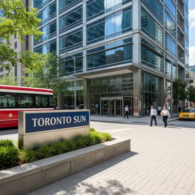 The modern office building exterior of the Toronto Sun headquarters on Bloor Street East in downtown Toronto, on a sunny day.