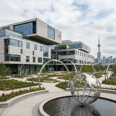Modern building exterior of Toronto Metropolitan University with landscaped grounds, architectural photography style.