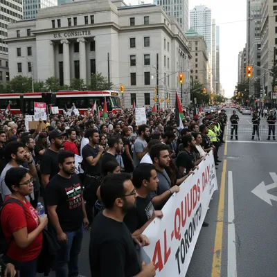 Protesters hold Al-Quds Day signs near the U.S. Consulate in Toronto after a judge cleared the way for the rally.