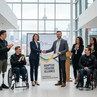 A diverse group of people modelling adaptive clothing, showcasing inclusive design innovation.