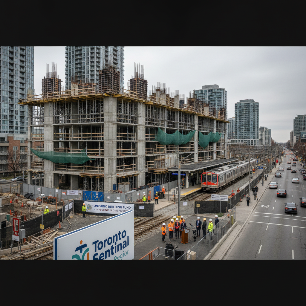 Wide establishing shot of a large, stalled apartment building construction project near a GO station in Scarborough.