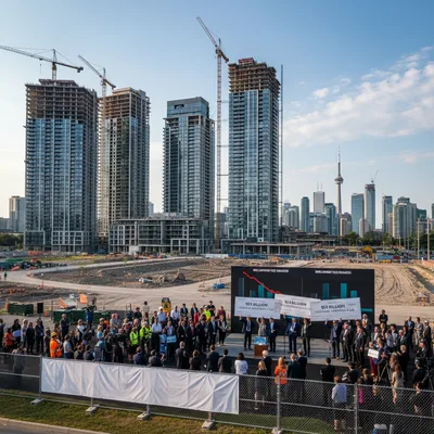 Wide shot of Toronto skyline with government buildings, symbolizing housing development fund.