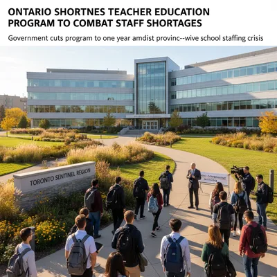 Modern Ontario university building exterior with landscaped grounds, realistic architectural photography.