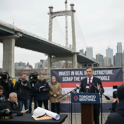Pierre Poilievre speaking at a news conference, advocating against a major rail project.