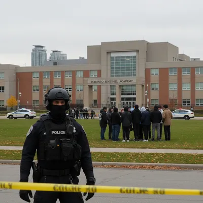 Police officers walking through an empty school hallway, responding to a bomb threat at Toronto schools.