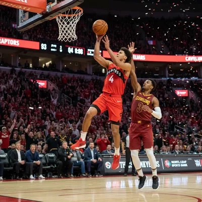 Scottie Barnes driving to the basket during a competitive playoff basketball game