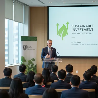 Investment expert Peter Krull speaking at a Toronto audience about sustainable finance and climate risk.