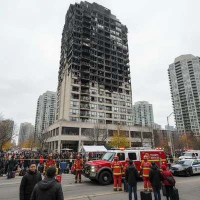 Firefighters battling a large apartment building fire in Thorncliffe Park, Toronto. Smoke billows from the building.