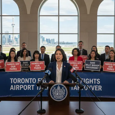 Mayor Olivia Chow and Toronto council members in front of City Hall opposing airport expansion on parkland.
