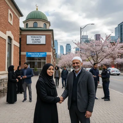 Toronto Islamic Centre exterior, a modern building with large windows and a sign identifying it as a place of worship.