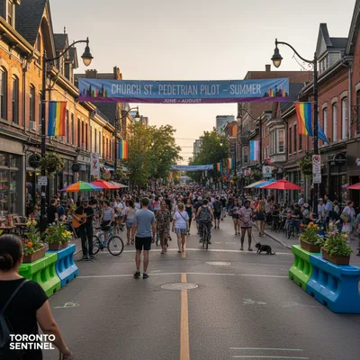 Two-block pedestrian-only section of Toronto's Church Street with tables and people, some sitting outdoors.