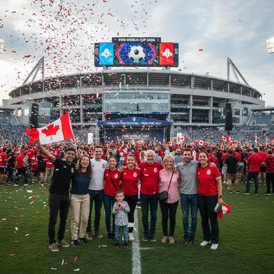 People gathered in a dynamic, realistic outdoor setting celebrating a sport event in Toronto.