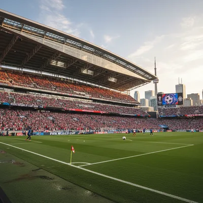 A photorealistic dynamic action shot of a renovated Toronto stadium, ready for the FIFA World Cup 2026 matches.