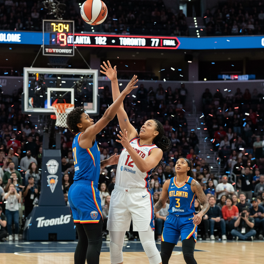 WNBA game: Toronto Tempo players in red and blue uniforms on court during a match against Atlanta Dream.