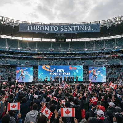 A busy outdoor festival with a large screen showing soccer, crowds celebrating under tents.