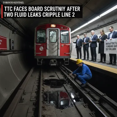 TTC subway platform with visible hydraulic fluid spill and passengers waiting anxiously.