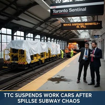 Toronto subway platform where maintenance work cars are suspended after two hydraulic oil spills.