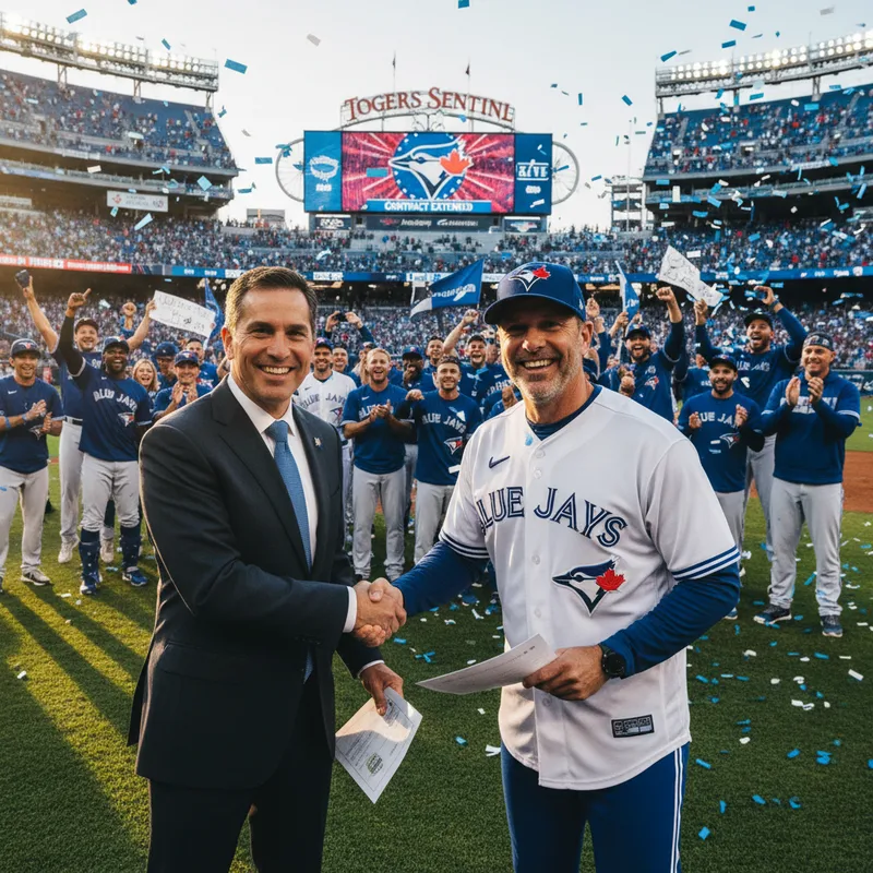 Blue Jays general manager Ross Atkins and manager John Schneider celebrate a successful season.