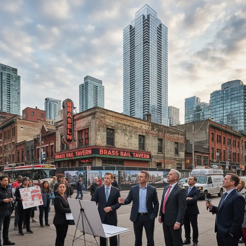A 64-storey condo tower proposed for the historic Brass Rail Tavern site on Yonge Street.