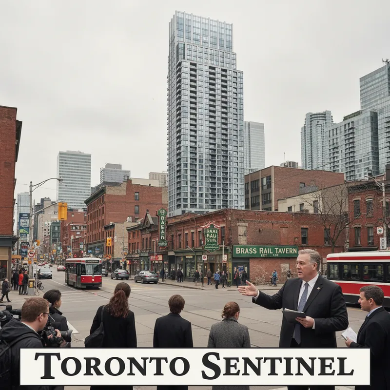 A wide shot of a proposed condo tower towering over the historic Brass Rail Tavern site on Yonge Street.