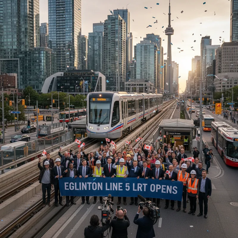 A photorealistic view of the Eglinton Crosstown Line 5 LRT train at a Toronto station.