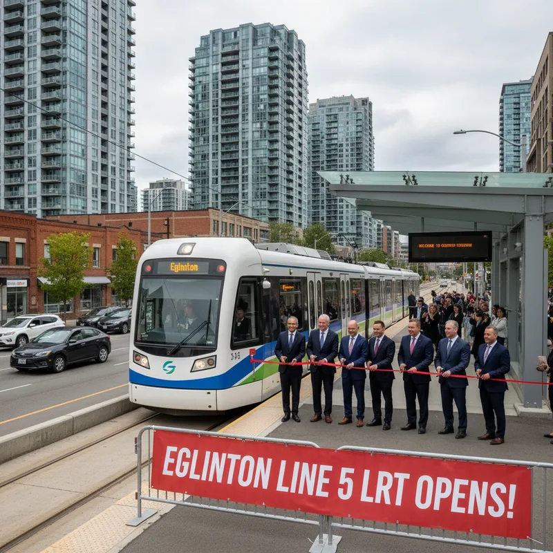 The Eglinton Crosstown Line 5 LRT train arriving at a modern Toronto station platform.