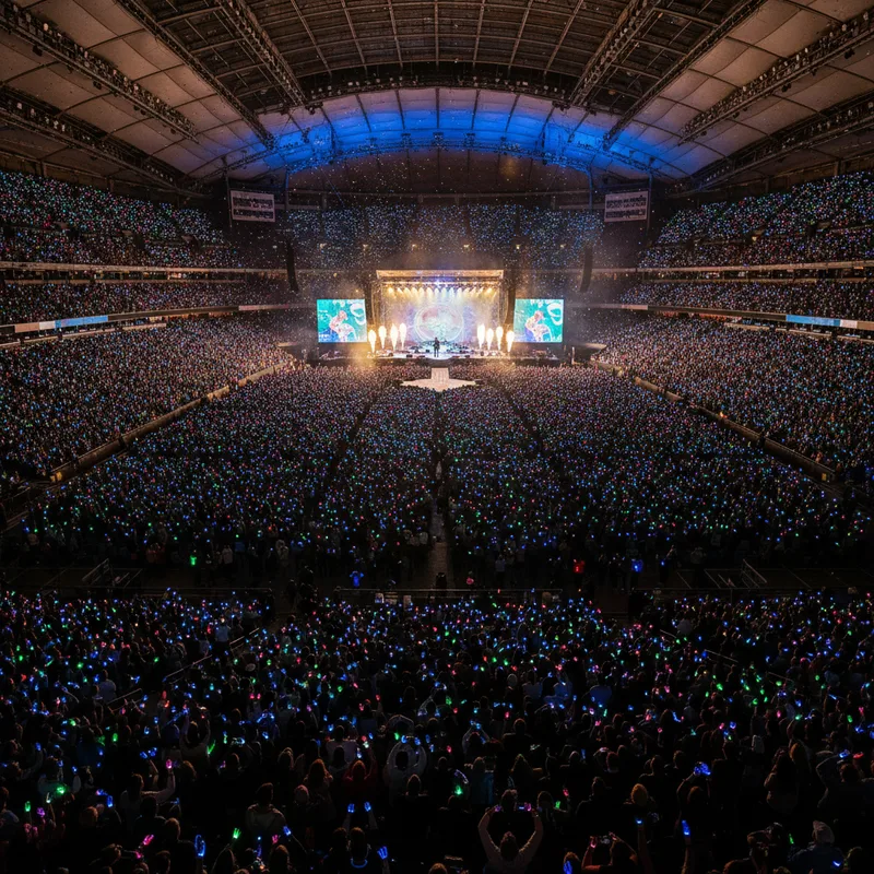 The audience at a Coldplay concert in Toronto's Rogers Centre, with thousands of colourful LED wristbands lighting up the stadium during the show.
