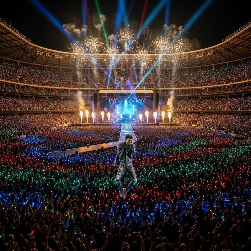 A vibrant nighttime shot of the massive crowd at a Coldplay concert in Toronto's Rogers Centre, with the audience's LED wristbands lighting up the stadium.