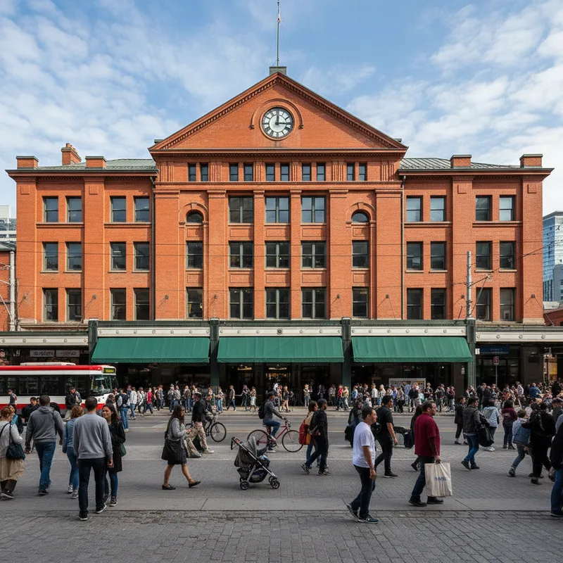 The historic red-brick facade of the St. Lawrence Market South building on a clear day, with its iconic arched windows and signage on Front Street in Toronto.