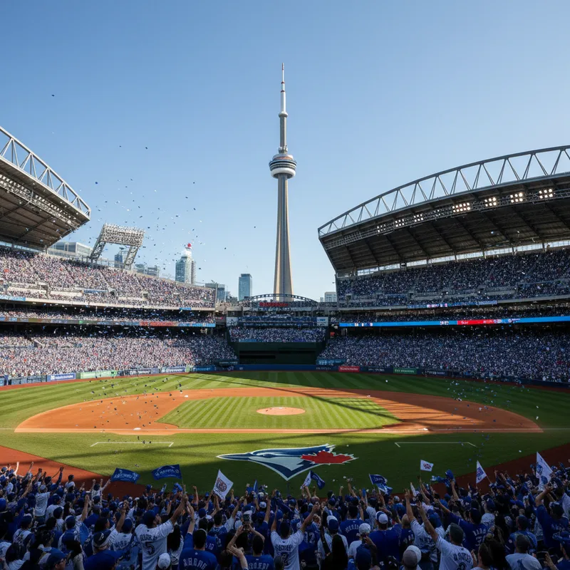 The Toronto Blue Jays playing a home game at a packed Rogers Centre in downtown Toronto, with the iconic CN Tower visible behind the stadium.