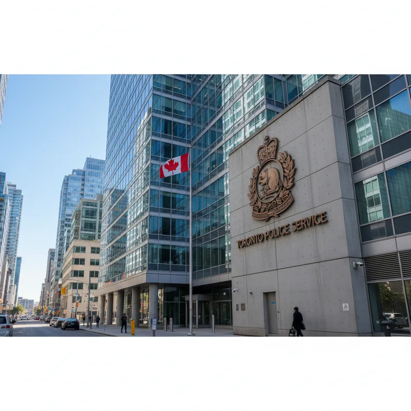 The modern, multi-story headquarters of the Toronto Police Service located at 40 College Street in downtown Toronto, viewed from the street level on a clear day.