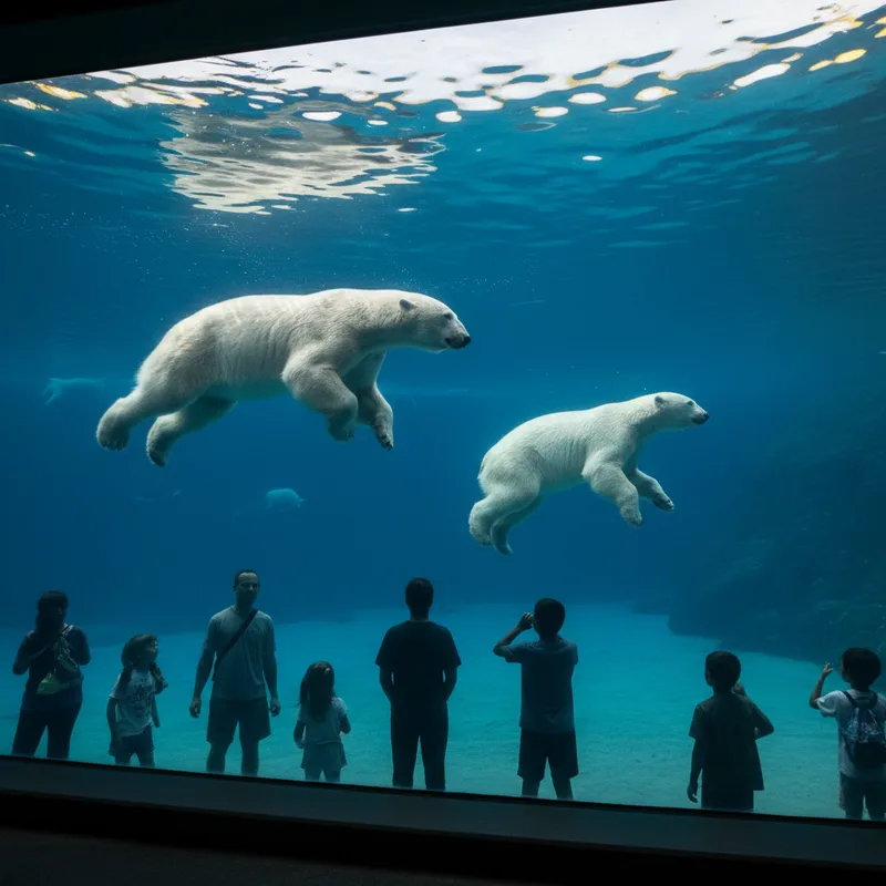 Two polar bears swim gracefully in a deep blue pool at the Tundra Trek exhibit at the Toronto Zoo, viewed from an underwater glass window.